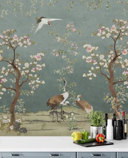 murale in cineserie personalizzabile color verde acqua chiamato Teal Lingering Garden Chinoiserie di Bloomery Decor