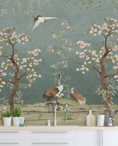 teal customisable chinoiserie mural called Teal Lingering Garden Chinoiserie by Bloomery Decor