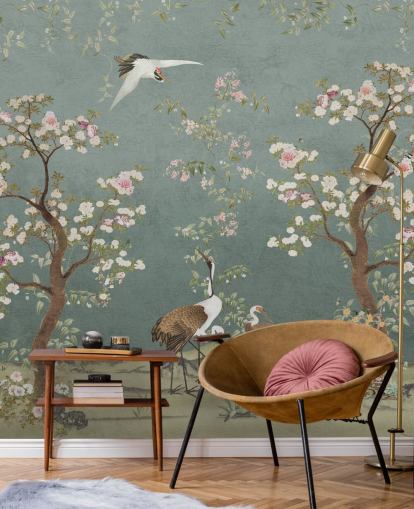 sinivihreä muokattava chinoiserie-seinämaalaus nimeltä Teal Lingering Garden Chinoiserie by Bloomery Decor