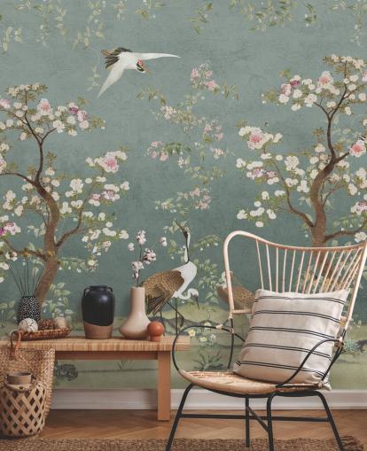 mural de chinoiserie personalizable de color verde azulado llamado Teal Lingering Garden Chinoiserie de Bloomery Decor