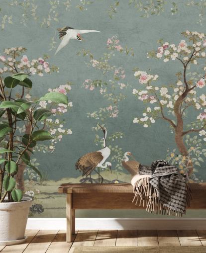 teal customisable chinoiserie mural called Teal Lingering Garden Chinoiserie by Bloomery Decor
