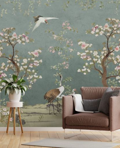peinture murale de chinoiserie personnalisable teal appelée Teal Lingering Garden Chinoiserie par Bloomery Decor peinture murale de chinoiserie personnalisable teal appelée Teal Lingering Garden Chinoiserie par Bloomery Decor
