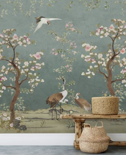 blågrønn tilpassbart chinoiserie veggmaleri kalt Teal Lingering Garden Chinoiserie av Bloomery Decor blågrønn tilpassbart chinoiserie veggmaleri kalt Teal Lingering Garden Chinoiserie av Bloomery Decor