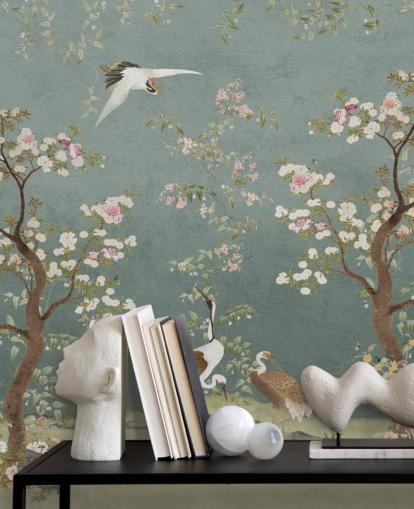 blaugrüner, personalisierbarer Chinoiserie-Wandgemälde namens Teal Lingering Garden Chinoiserie von Bloomery Decor blaugrüner, personalisierbarer Chinoiserie-Wandgemälde namens Teal Lingering Garden Chinoiserie von Bloomery Decor