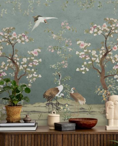 mural de chinoiserie personalizable de color verde azulado llamado Teal Lingering Garden Chinoiserie de Bloomery Decor