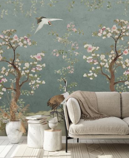 mural de chinoiserie personalizável em azul-petróleo chamado Teal Lingering Garden Chinoiserie da Bloomery Decor