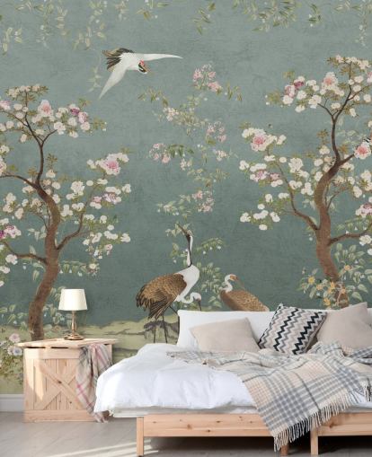 murale in cineserie personalizzabile color verde acqua chiamato Teal Lingering Garden Chinoiserie di Bloomery Decor