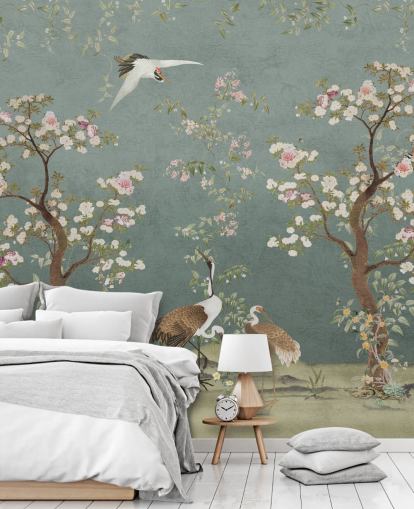 blågrønn tilpassbart chinoiserie veggmaleri kalt Teal Lingering Garden Chinoiserie av Bloomery Decor