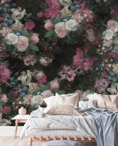 rosa och vit anpassad barock blommig väggmålning kallad Moody Baroque Floral Scene av Bloomery Decor rosa och vit anpassad barock blommig väggmålning kallad Moody Baroque Floral Scene av Bloomery Decor