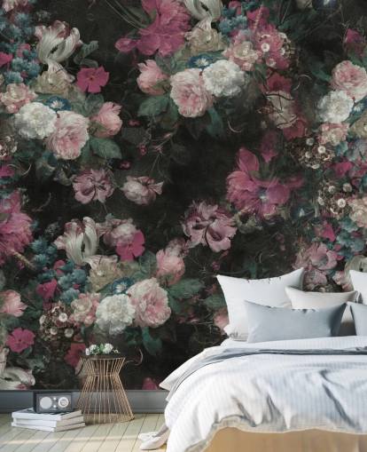 rosa och vit anpassad barock blommig väggmålning kallad Moody Baroque Floral Scene av Bloomery Decor rosa och vit anpassad barock blommig väggmålning kallad Moody Baroque Floral Scene av Bloomery Decor