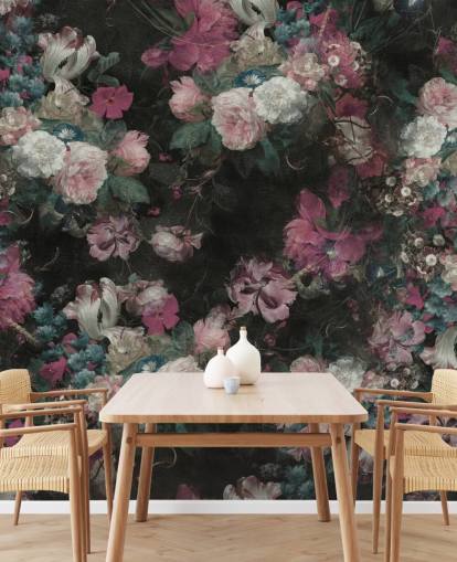 pink and white custom baroque floral mural called Moody Baroque Floral Scene by Bloomery Decor