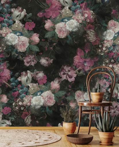 mural floral barroco personalizado en blanco y rosa llamado Moody Baroque Floral Scene de Bloomery Decor mural floral barroco personalizado en blanco y rosa llamado Moody Baroque Floral Scene de Bloomery Decor
