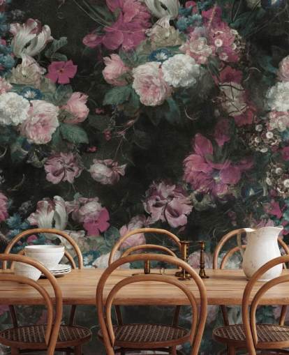 vaaleanpunainen ja valkoinen mukautettu barokkikukkamaalaus nimeltä Moody Baroque Floral Scene by Bloomery Decor vaaleanpunainen ja valkoinen mukautettu barokkikukkamaalaus nimeltä Moody Baroque Floral Scene by Bloomery Decor