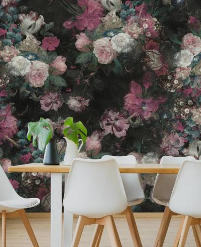 pink and white custom baroque floral mural called Moody Baroque Floral Scene by Bloomery Decor