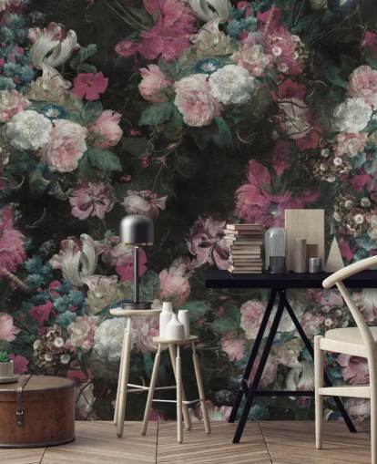 pink and white custom baroque floral mural called Moody Baroque Floral Scene by Bloomery Decor pink and white custom baroque floral mural called Moody Baroque Floral Scene by Bloomery Decor