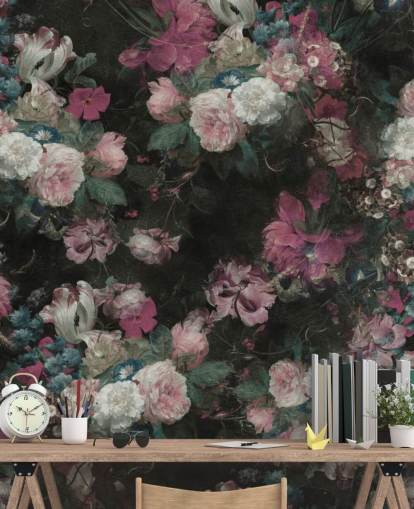 murale floreale barocco personalizzato rosa e bianco chiamato Moody Baroque Floral Scene di Bloomery Decor