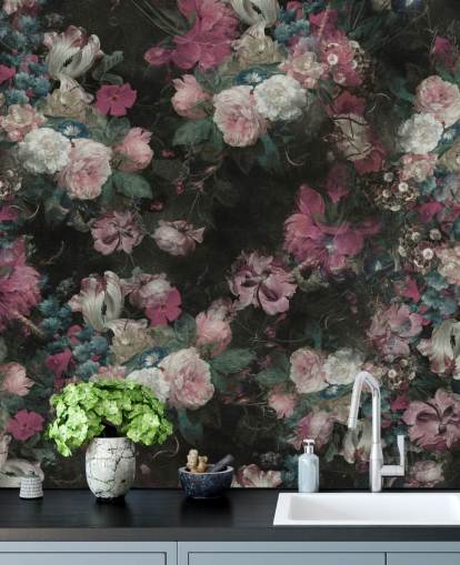 pink and white custom baroque floral mural called Moody Baroque Floral Scene by Bloomery Decor pink and white custom baroque floral mural called Moody Baroque Floral Scene by Bloomery Decor