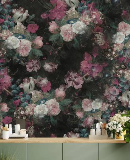 mural floral barroco personalizado en blanco y rosa llamado Moody Baroque Floral Scene de Bloomery Decor mural floral barroco personalizado en blanco y rosa llamado Moody Baroque Floral Scene de Bloomery Decor