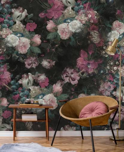 lyserødt og hvidt brugerdefineret barok blomstermaleri kaldet Moody Baroque Floral Scene af Bloomery Decor lyserødt og hvidt brugerdefineret barok blomstermaleri kaldet Moody Baroque Floral Scene af Bloomery Decor