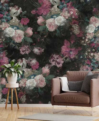 rosa och vit anpassad barock blommig väggmålning kallad Moody Baroque Floral Scene av Bloomery Decor