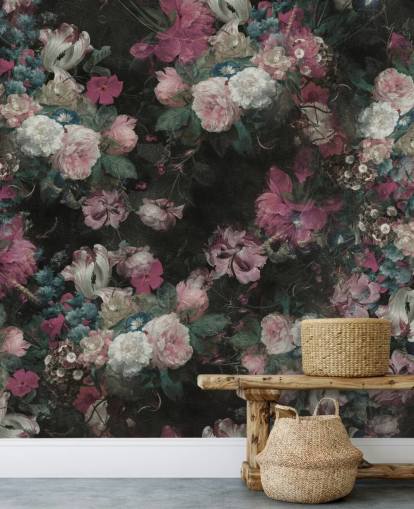 mural floral barroco personalizado em rosa e branco chamado Moody Baroque Floral Scene da Bloomery Decor mural floral barroco personalizado em rosa e branco chamado Moody Baroque Floral Scene da Bloomery Decor