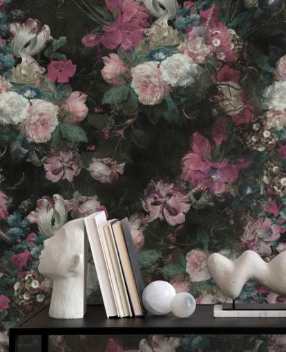 rosa og hvitt tilpasset barokk blomstermaleri kalt Moody Baroque Floral Scene av Bloomery Decor rosa og hvitt tilpasset barokk blomstermaleri kalt Moody Baroque Floral Scene av Bloomery Decor