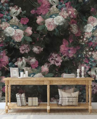 pink and white custom baroque floral mural called Moody Baroque Floral Scene by Bloomery Decor pink and white custom baroque floral mural called Moody Baroque Floral Scene by Bloomery Decor