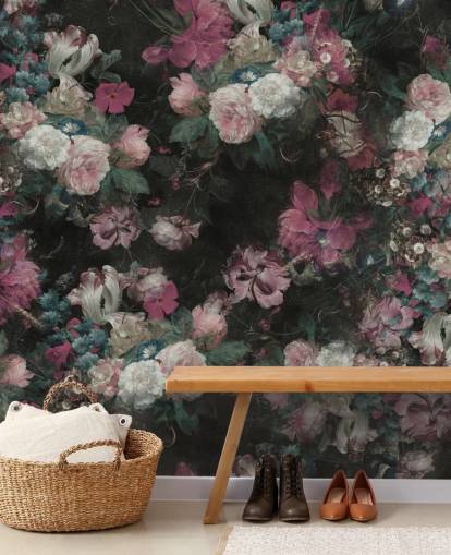 vaaleanpunainen ja valkoinen mukautettu barokkikukkamaalaus nimeltä Moody Baroque Floral Scene by Bloomery Decor