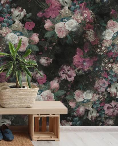 rosa og hvitt tilpasset barokk blomstermaleri kalt Moody Baroque Floral Scene av Bloomery Decor rosa og hvitt tilpasset barokk blomstermaleri kalt Moody Baroque Floral Scene av Bloomery Decor