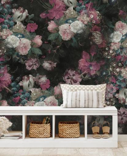 rosa och vit anpassad barock blommig väggmålning kallad Moody Baroque Floral Scene av Bloomery Decor