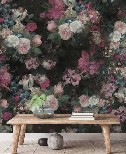 murale floreale barocco personalizzato rosa e bianco chiamato Moody Baroque Floral Scene di Bloomery Decor