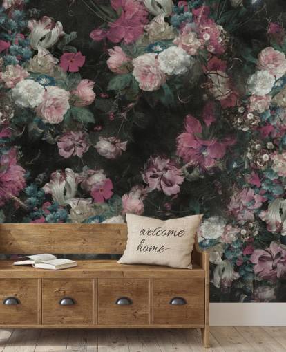 roze en witte op maat gemaakte barokke bloemenmuurschildering genaamd Moody Baroque Floral Scene van Bloomery Decor roze en witte op maat gemaakte barokke bloemenmuurschildering genaamd Moody Baroque Floral Scene van Bloomery Decor