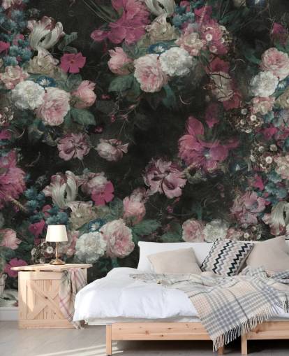vaaleanpunainen ja valkoinen mukautettu barokkikukkamaalaus nimeltä Moody Baroque Floral Scene by Bloomery Decor vaaleanpunainen ja valkoinen mukautettu barokkikukkamaalaus nimeltä Moody Baroque Floral Scene by Bloomery Decor