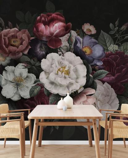 dark custom floral wall mural called Moody Baroque Florals Redoute by Bloomery Decor for lounges and bedrooms