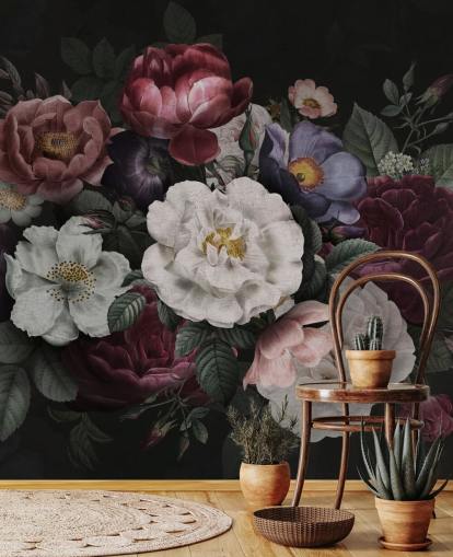 dark custom floral wall mural called Moody Baroque Florals Redoute by Bloomery Decor for lounges and bedrooms dark custom floral wall mural called Moody Baroque Florals Redoute by Bloomery Decor for lounges and bedrooms