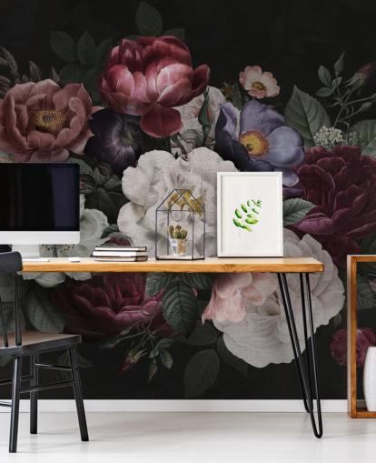 dark custom floral wall mural called Moody Baroque Florals Redoute by Bloomery Decor for lounges and bedrooms