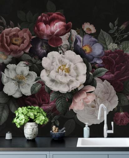 dark custom floral wall mural called Moody Baroque Florals Redoute by Bloomery Decor for lounges and bedrooms