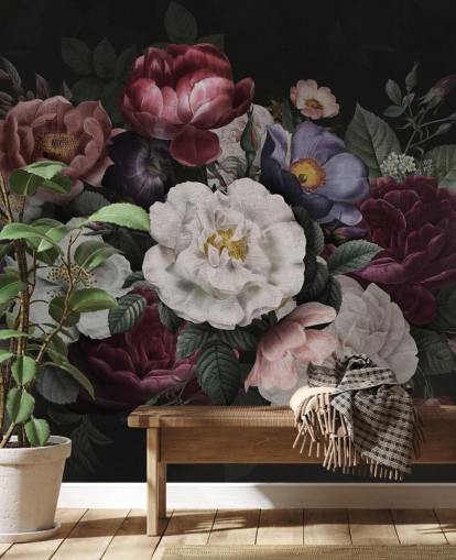 dark custom floral wall mural called Moody Baroque Florals Redoute by Bloomery Decor for lounges and bedrooms dark custom floral wall mural called Moody Baroque Florals Redoute by Bloomery Decor for lounges and bedrooms
