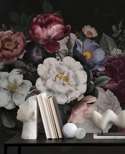 dark custom floral wall mural called Moody Baroque Florals Redoute by Bloomery Decor for lounges and bedrooms dark custom floral wall mural called Moody Baroque Florals Redoute by Bloomery Decor for lounges and bedrooms