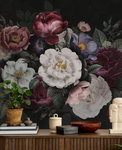 mural de pared floral oscuro personalizado llamado Moody Baroque Florals Redoute de Bloomery Decor para salones y dormitorios