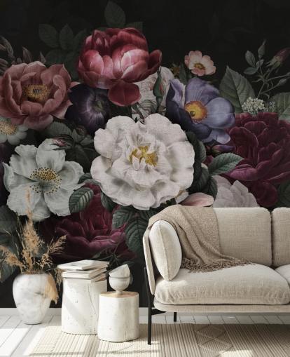 murale floreale personalizzato scuro chiamato Moody Baroque Florals Redoute di Bloomery Decor per salotti e camere da letto murale floreale personalizzato scuro chiamato Moody Baroque Florals Redoute di Bloomery Decor per salotti e camere da letto