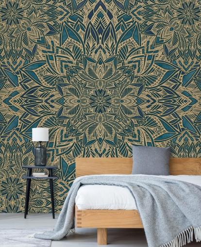 kricka och guld anpassningsbar art deco väggmålning kallad Teal Art Deco Golden Mandala av Bloomery Decor