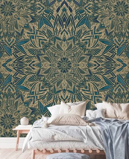 mural art déco personalizable en verde azulado y dorado llamado Teal Art Deco Golden Mandala de Bloomery Decor