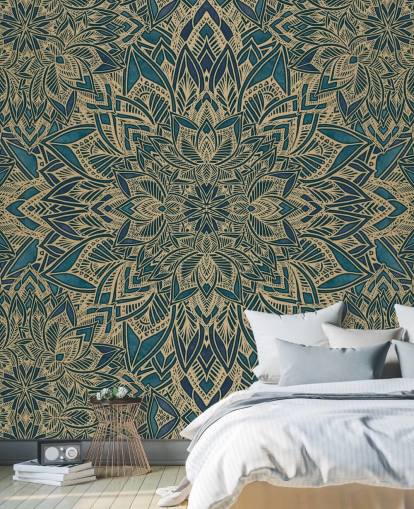 murale art deco personalizzabile color verde acqua e oro chiamato Teal Art Deco Golden Mandala di Bloomery Decor