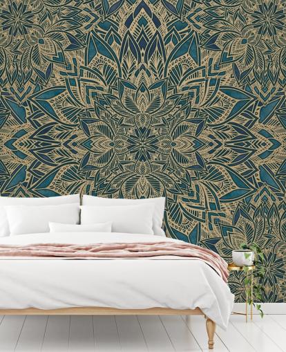 mural art déco personalizável em azul-petróleo e ouro chamado Teal Art Deco Golden Mandala da Bloomery Decor mural art déco personalizável em azul-petróleo e ouro chamado Teal Art Deco Golden Mandala da Bloomery Decor