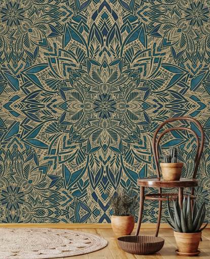 teal and gold customizable art deco mural called Teal Art Deco Golden Mandala by Bloomery Decor