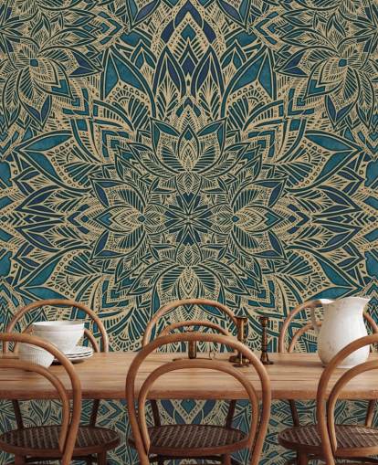 mural art déco personalizable en verde azulado y dorado llamado Teal Art Deco Golden Mandala de Bloomery Decor mural art déco personalizable en verde azulado y dorado llamado Teal Art Deco Golden Mandala de Bloomery Decor