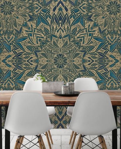 sinivihreä ja kultainen muokattava art deco -seinämaalaus nimeltä Teal Art Deco Golden Mandala by Bloomery Decor