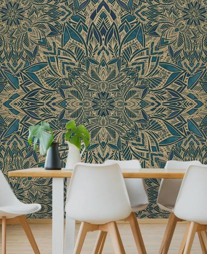 blågrøn og guld tilpasselig art deco-vægmaleri kaldet Teal Art Deco Golden Mandala af Bloomery Decor