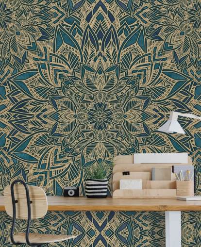 kricka och guld anpassningsbar art deco väggmålning kallad Teal Art Deco Golden Mandala av Bloomery Decor kricka och guld anpassningsbar art deco väggmålning kallad Teal Art Deco Golden Mandala av Bloomery Decor